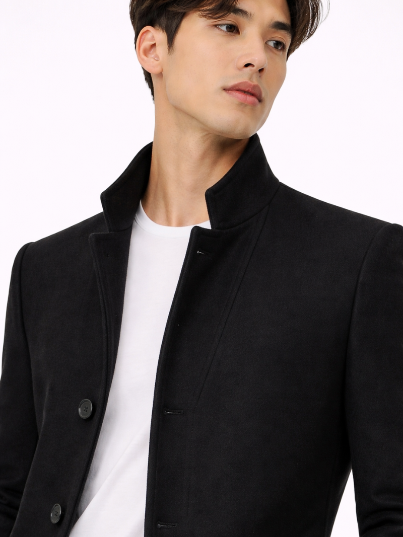 Men’s black trench coat in wool blend fabric structured tailored fit timeless outerwear