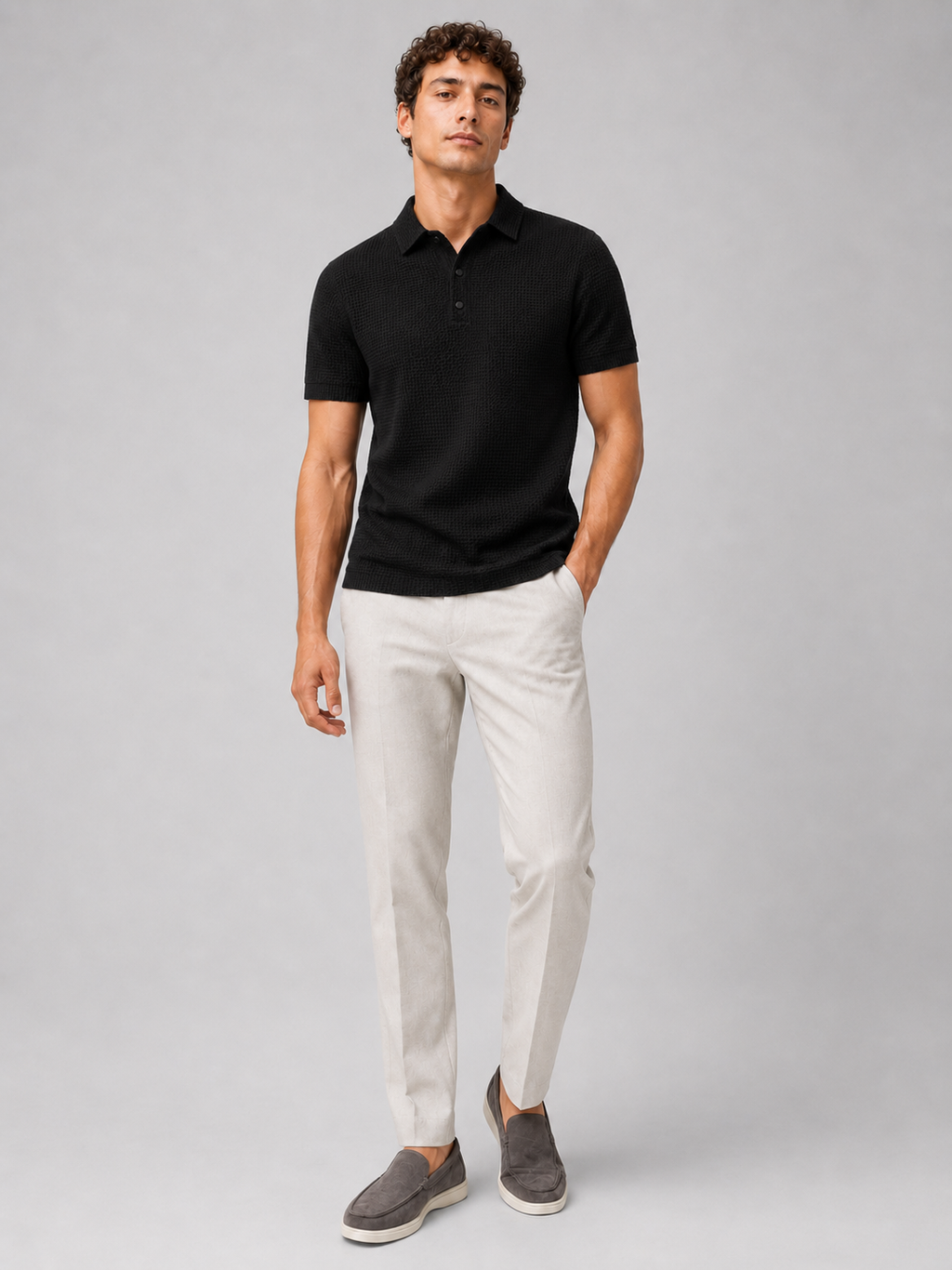 Black lightweight textured polo shirt minimal modern top for smart casual style