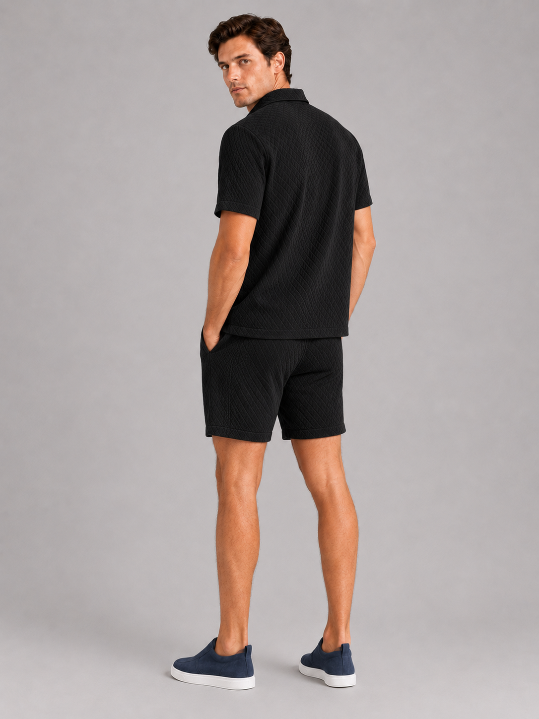 Men’s black textured summer co ord set comfortable vacation outfit for beach and resort looks