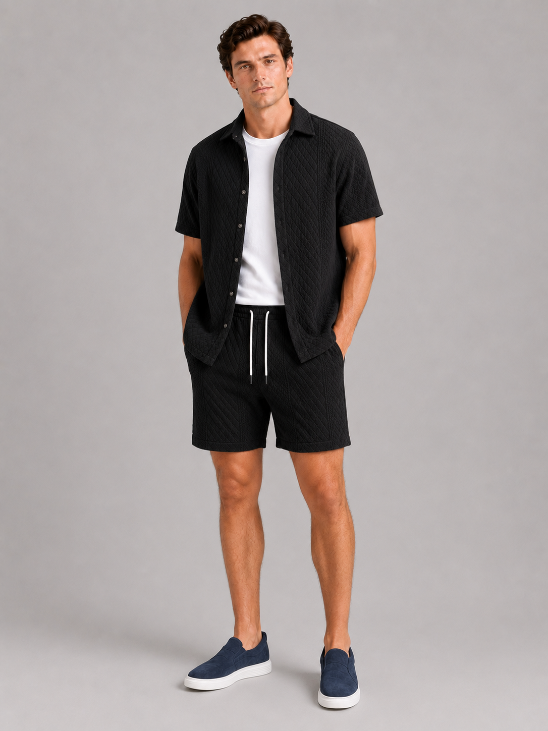 Black matching shirt and shorts set for men breathable summer outfit for casual wear