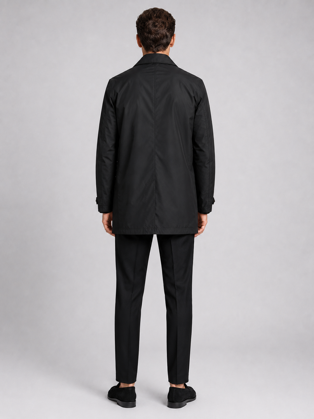 Men’s black button up trench coat comfortable fall winter coat for office and commuting outfits