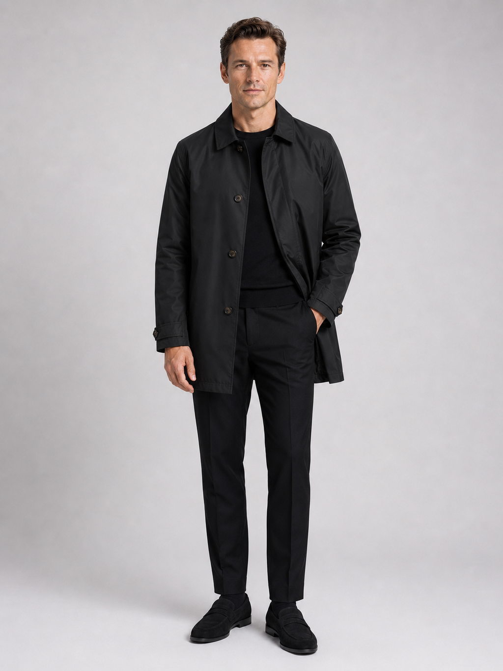 Black medium length trench coat for men warm windproof outerwear for business casual and everyday wear
