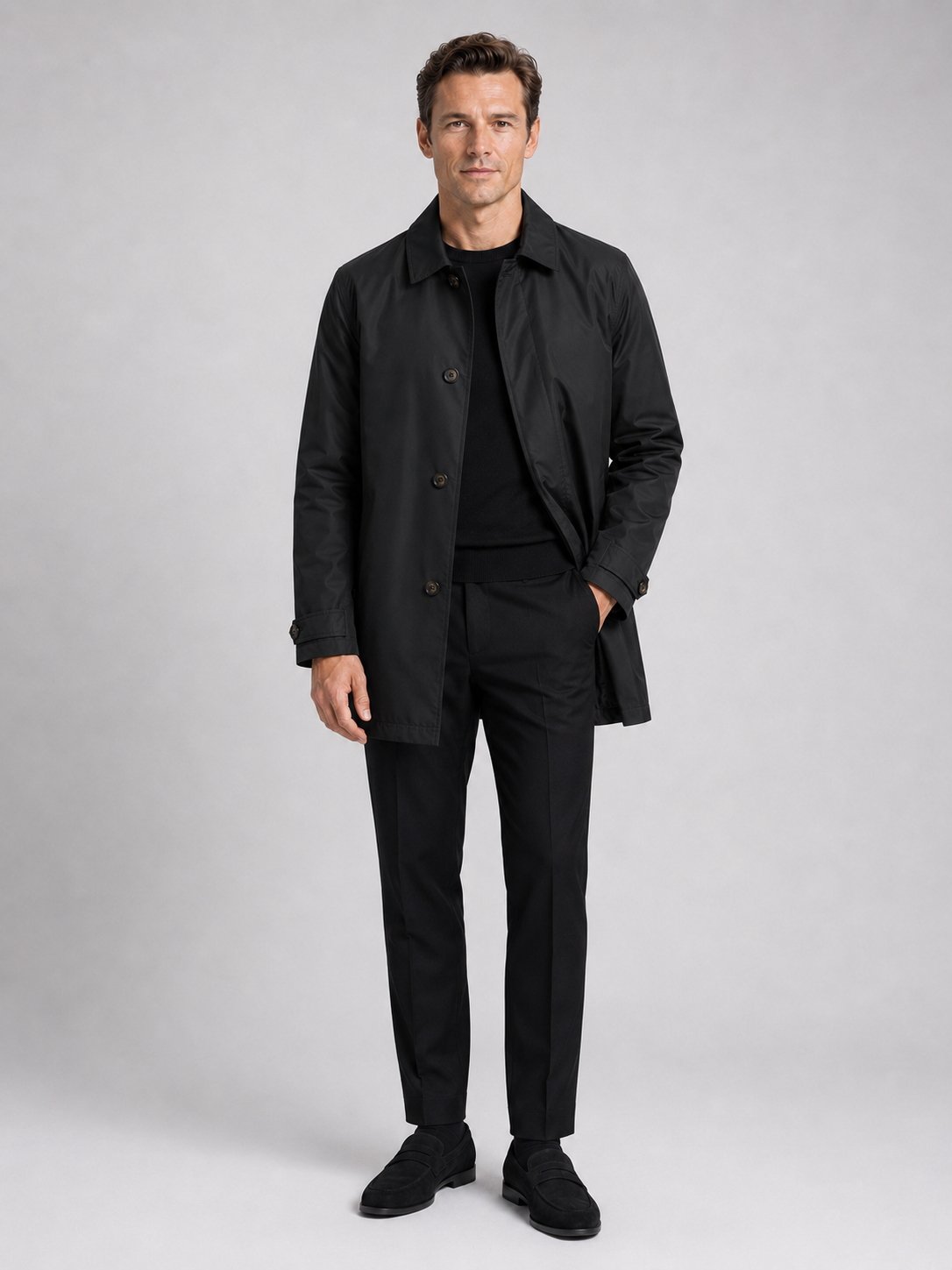 Black medium length trench coat for men warm windproof outerwear for business casual and everyday wear