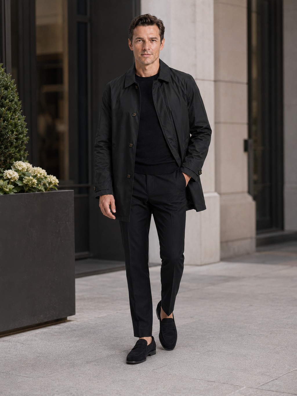 Man styling black trench coat in a modern business casual and everyday lifestyle outfit
