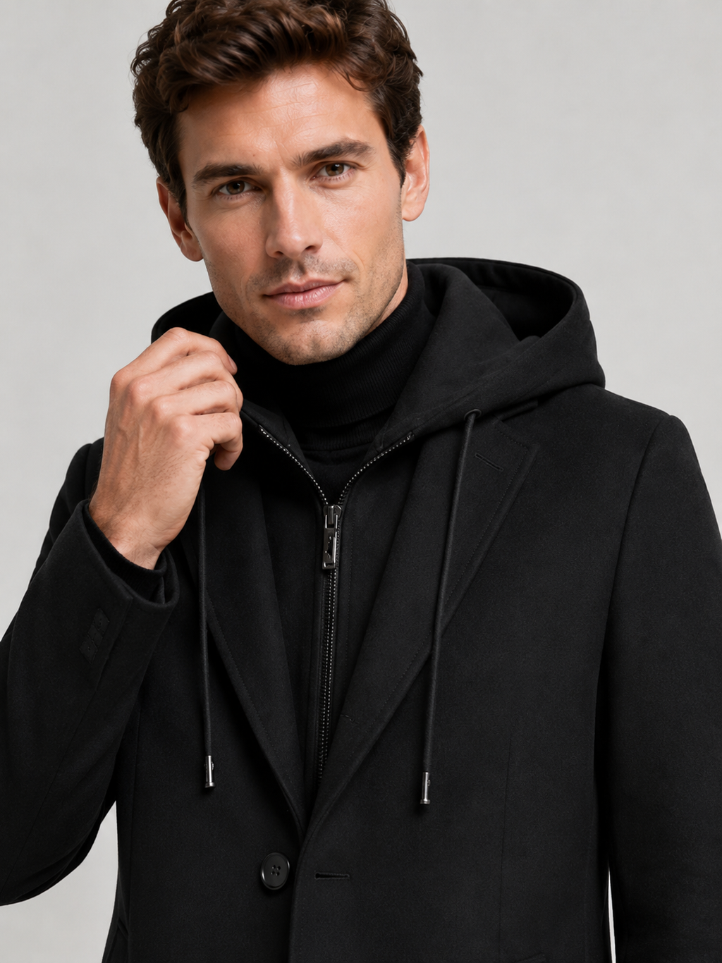 Detail photo of a man wearing a black wool hooded trench coat, close up of the wool texture, hood, collar, buttons, cuffs, and pocket construction