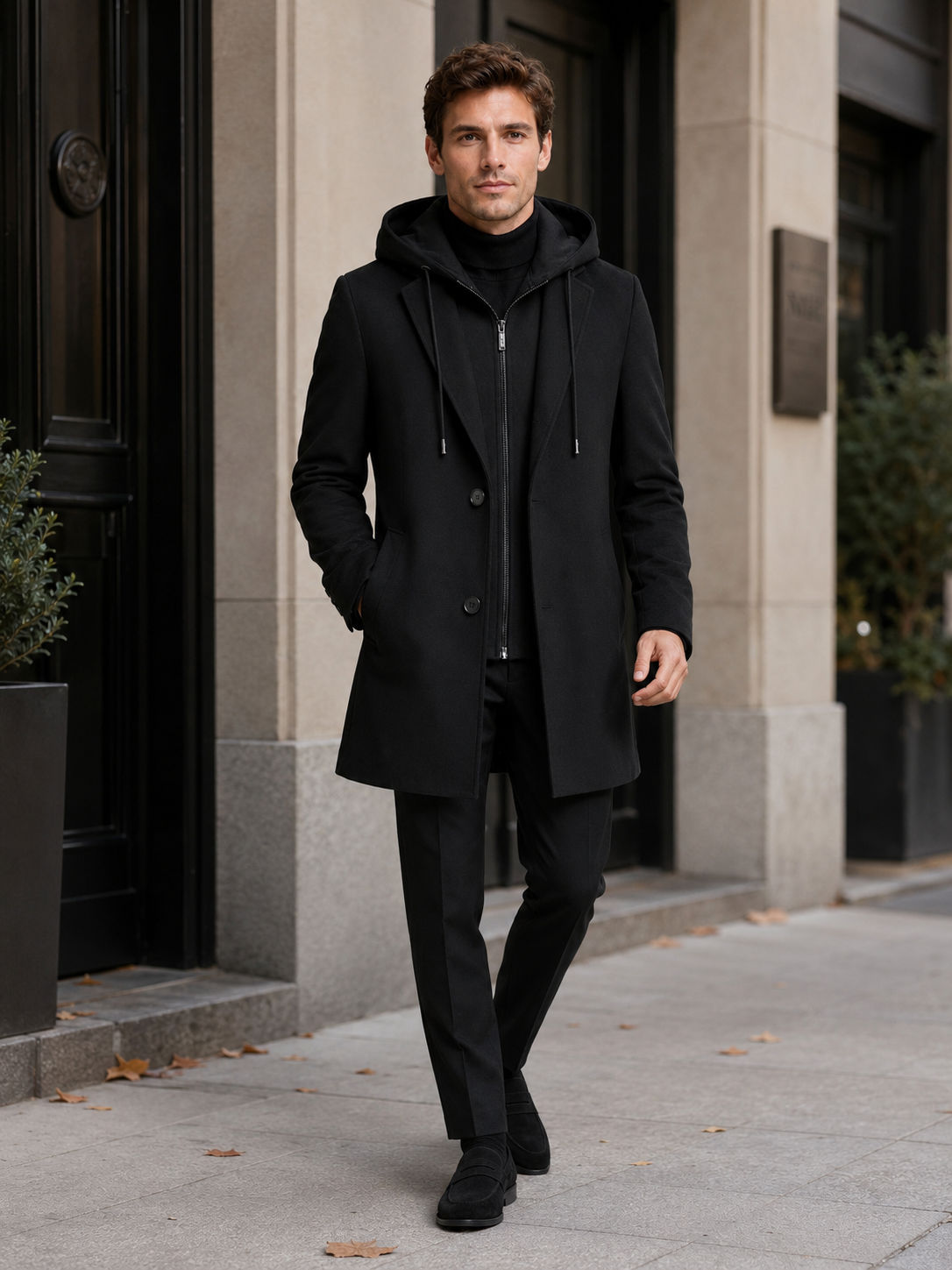 Lifestyle photo of a man wearing a black wool hooded trench coat in a modern winter city setting, business casual and everyday style