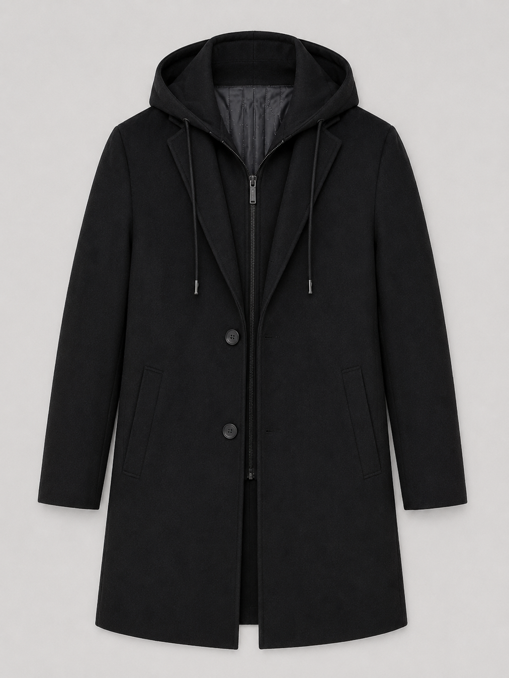 Product photo of a black wool hooded trench coat showing the full coat, structured silhouette, front closure, pockets, and warm fabric texture
