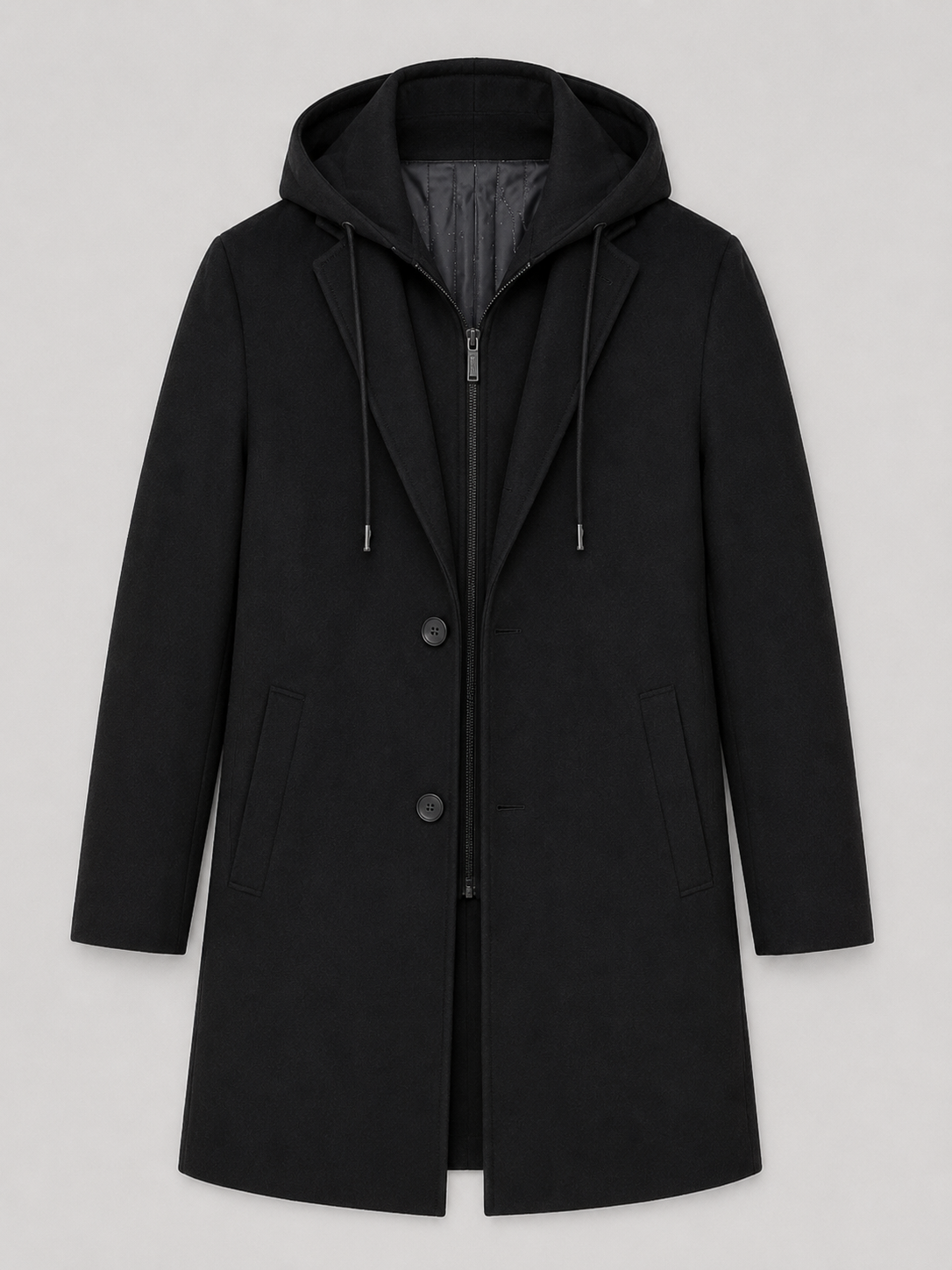 Product photo of a black wool hooded trench coat showing the full coat, structured silhouette, front closure, pockets, and warm fabric texture