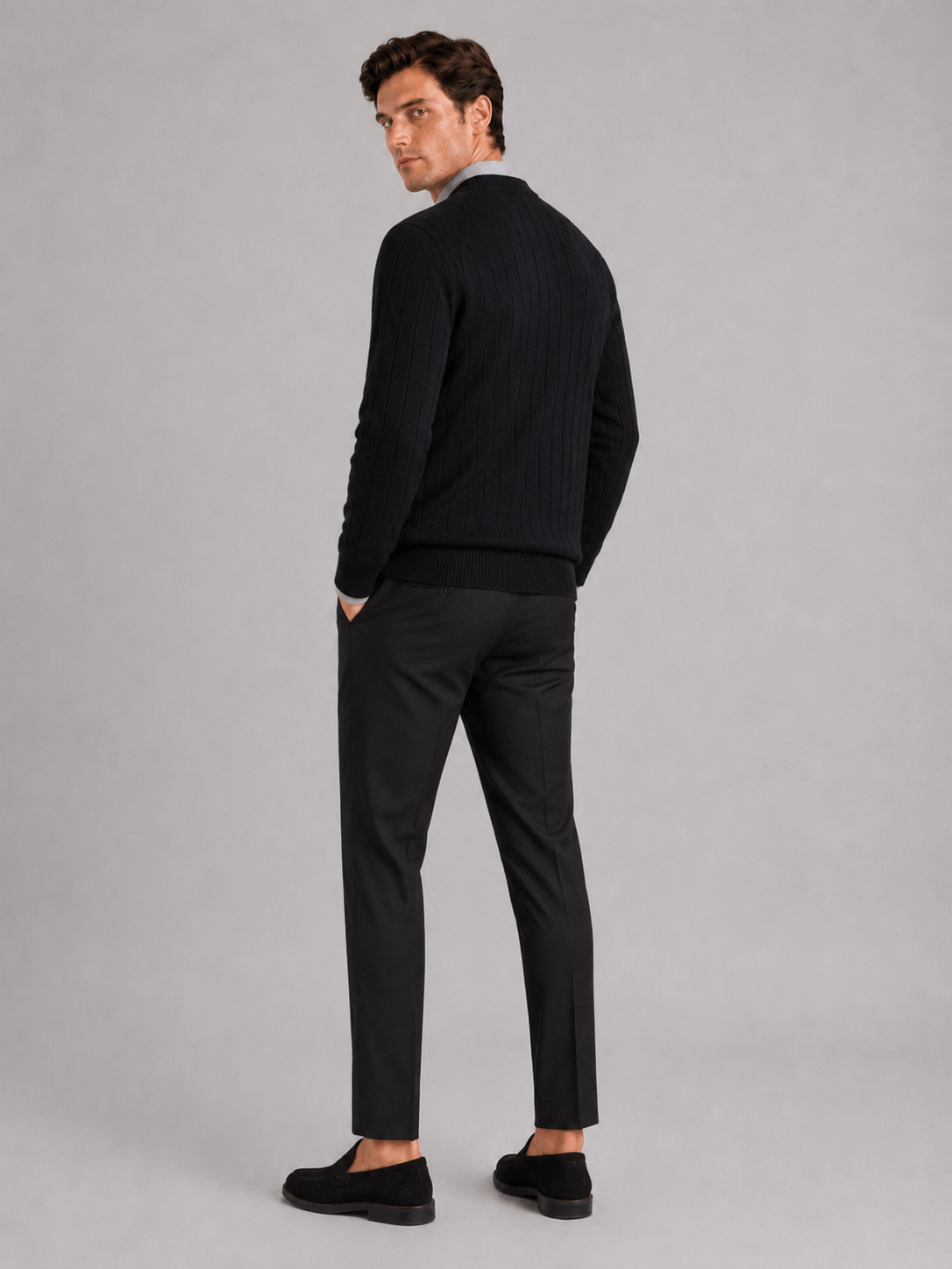 Men’s black knit cardigan sweater comfortable long sleeve layer for business casual outfits