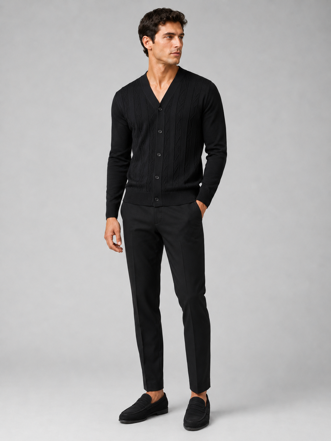 Black v neck cardigan sweater for men slim fit layering piece for everyday wear