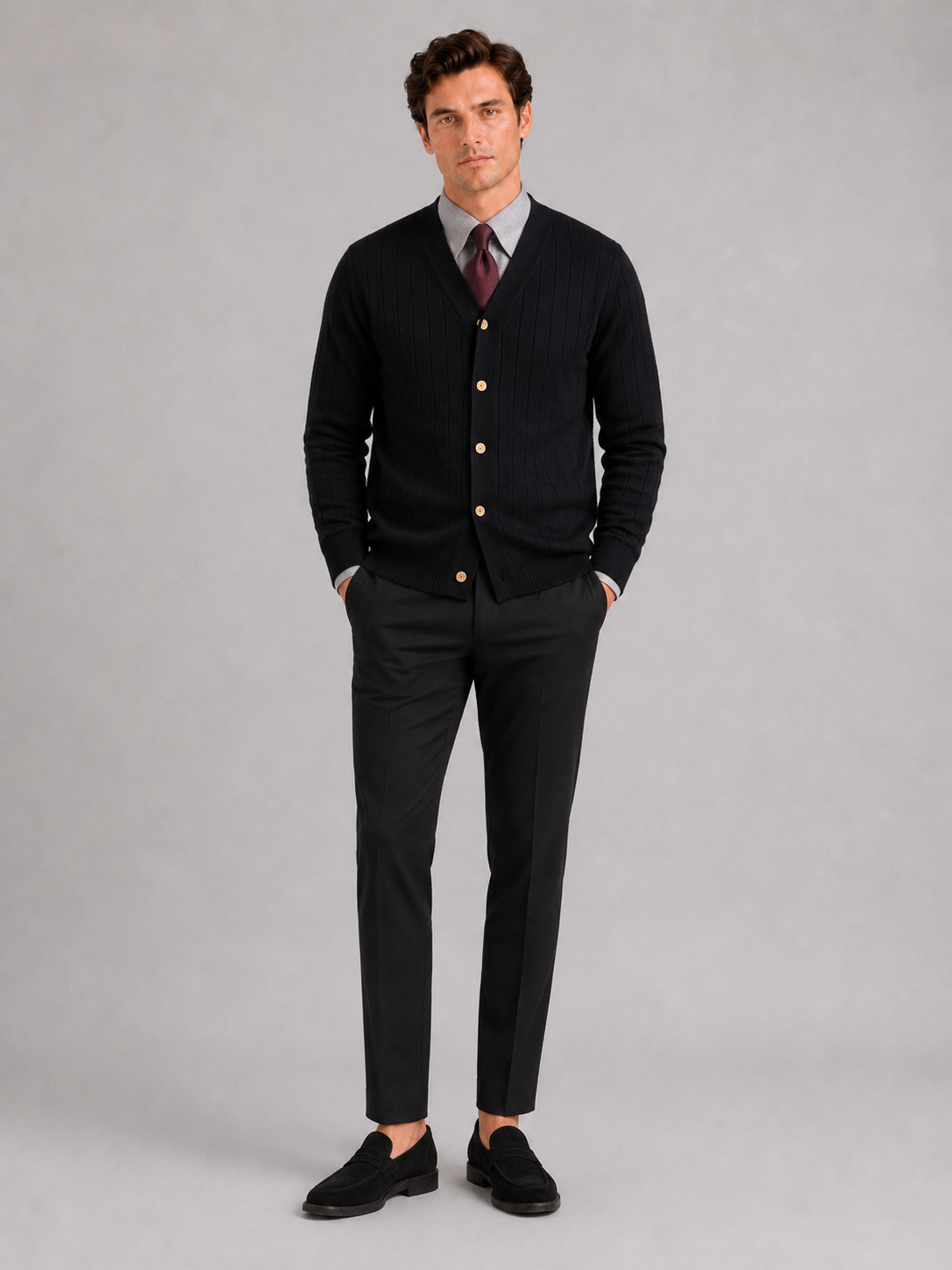 Black v neck cardigan sweater for men slim fit layering piece for office and everyday wear