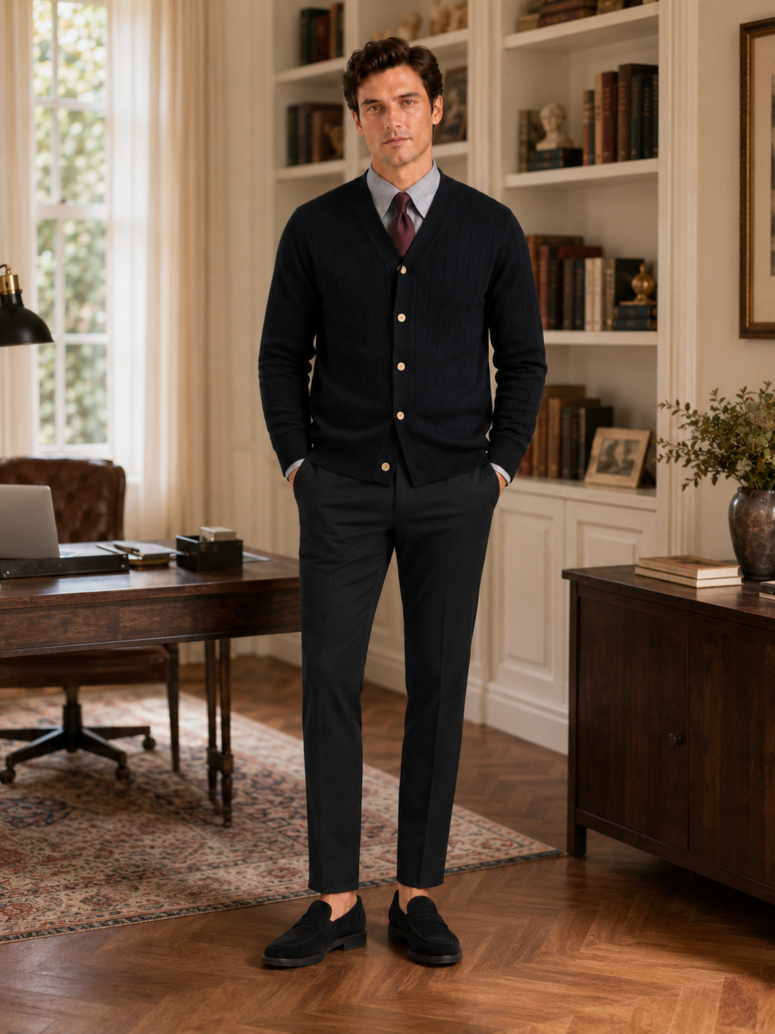Man styling black v neck cardigan sweater in a modern office and smart casual lifestyle outfit