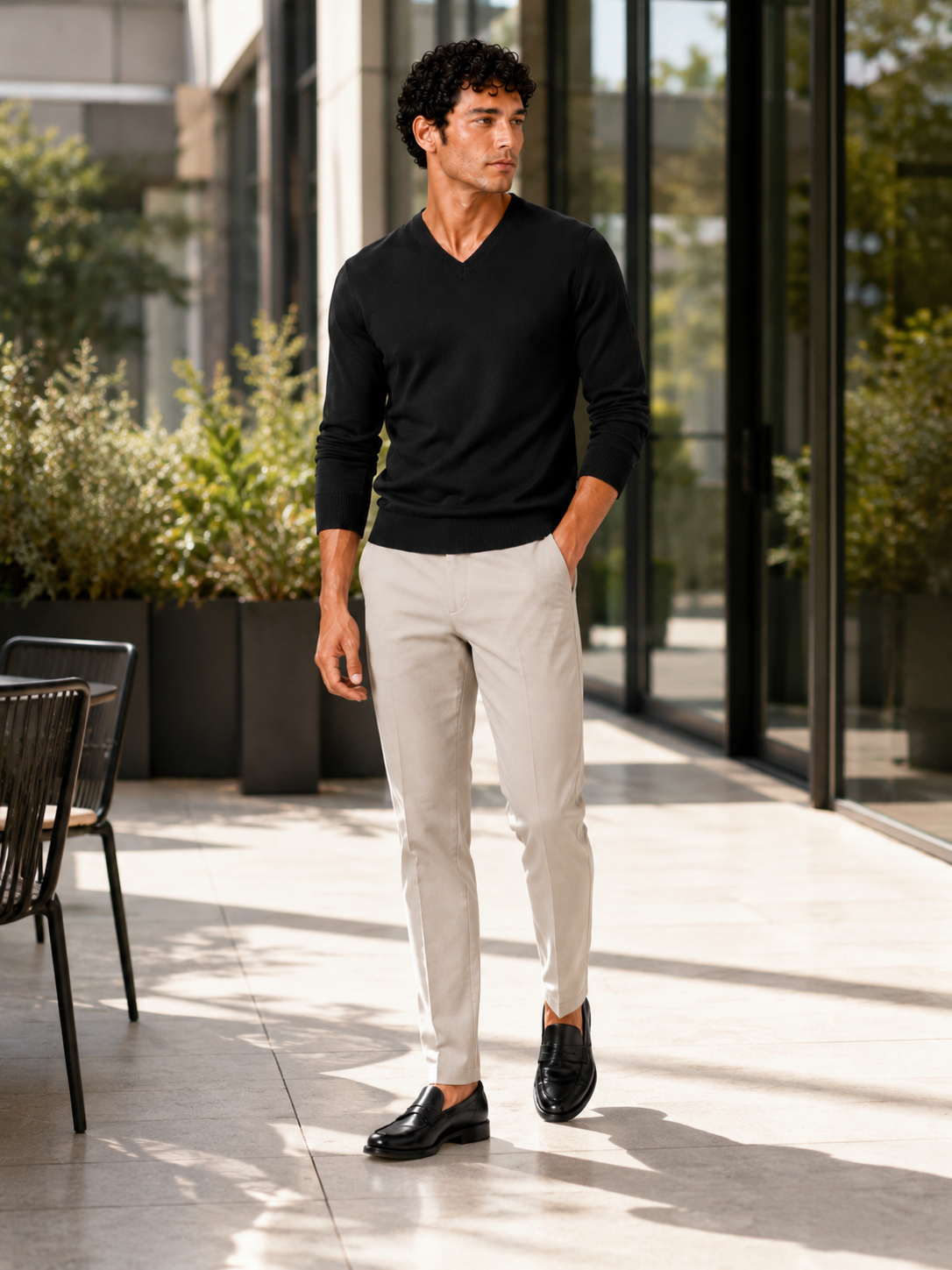 Man styling black v neck knit sweater in a modern fall lifestyle outfit