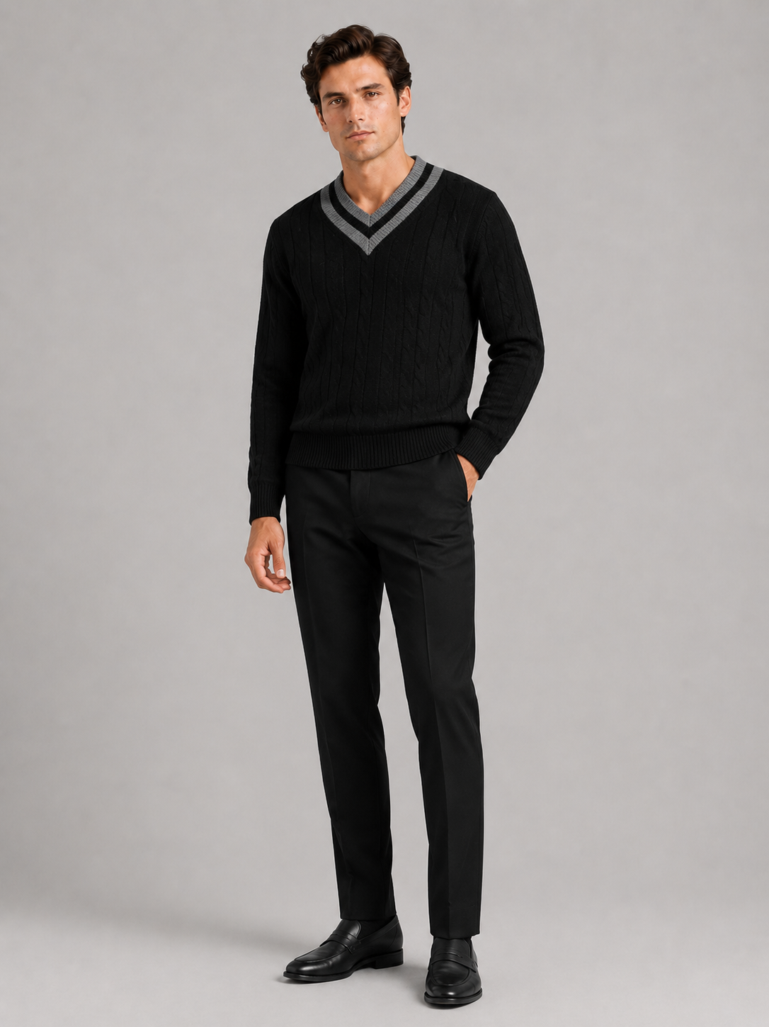 Black v neck sweater for men long sleeve pullover for outdoor casual everyday wear