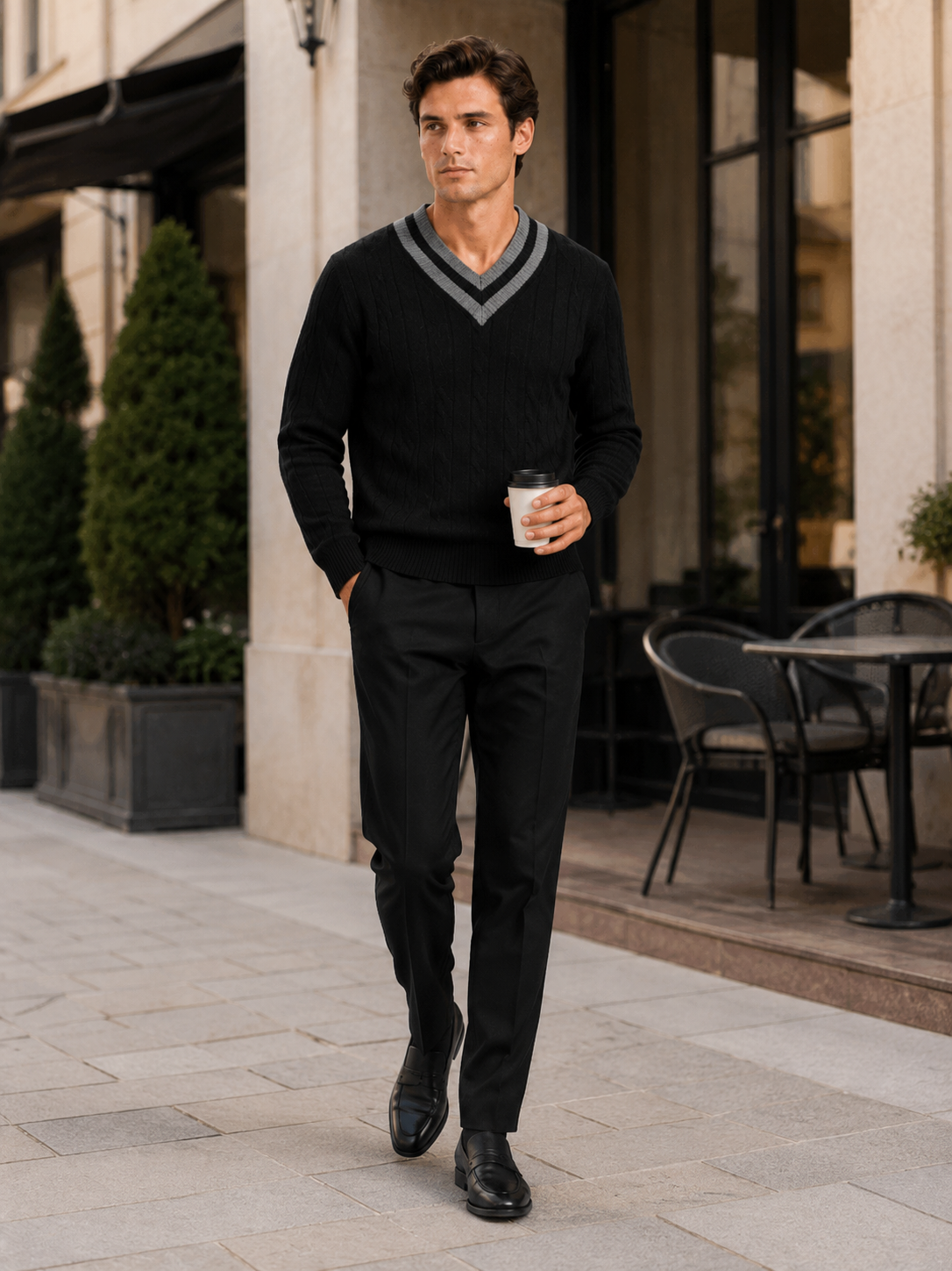 Man styling black v neck knit sweater in a modern fall winter lifestyle outfit