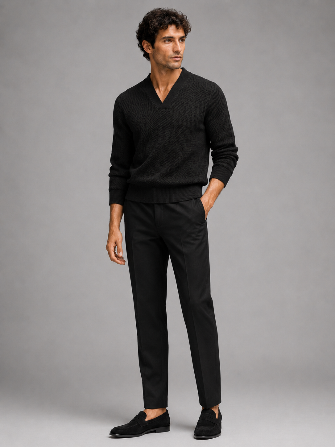 Men’s black thick knit sweater warm long sleeve top for business casual outfits