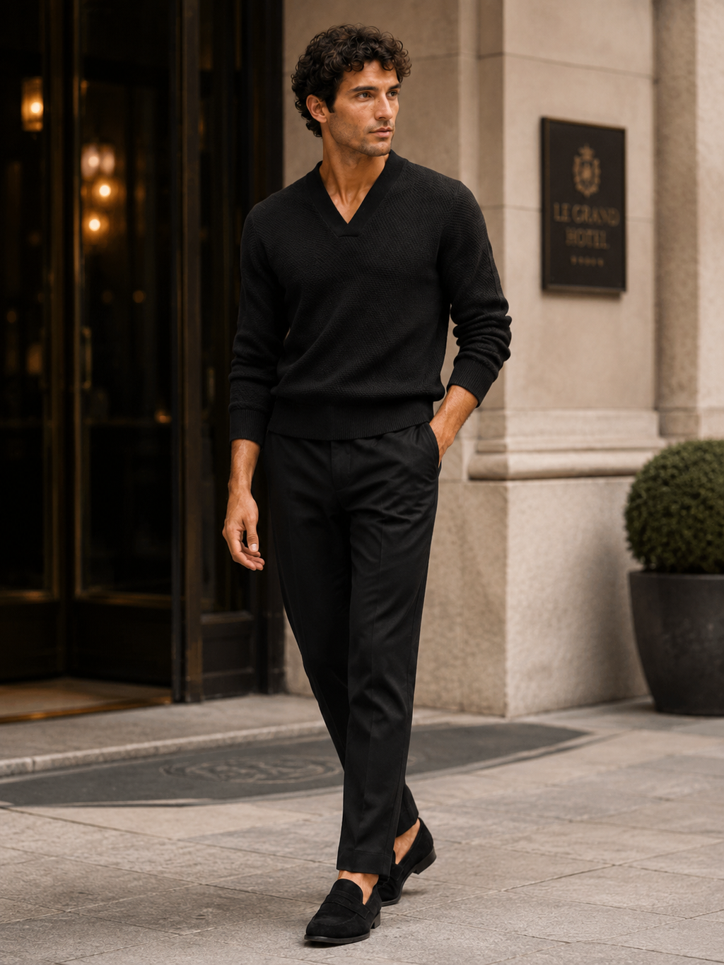 Man styling black v neck heavyweight sweater in a modern fall winter lifestyle outfit