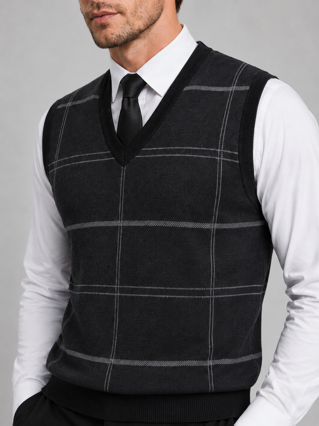Close-up of a black V-neck sweater vest showing the diamond pattern, cable knit texture, ribbed neckline, armholes, and hem