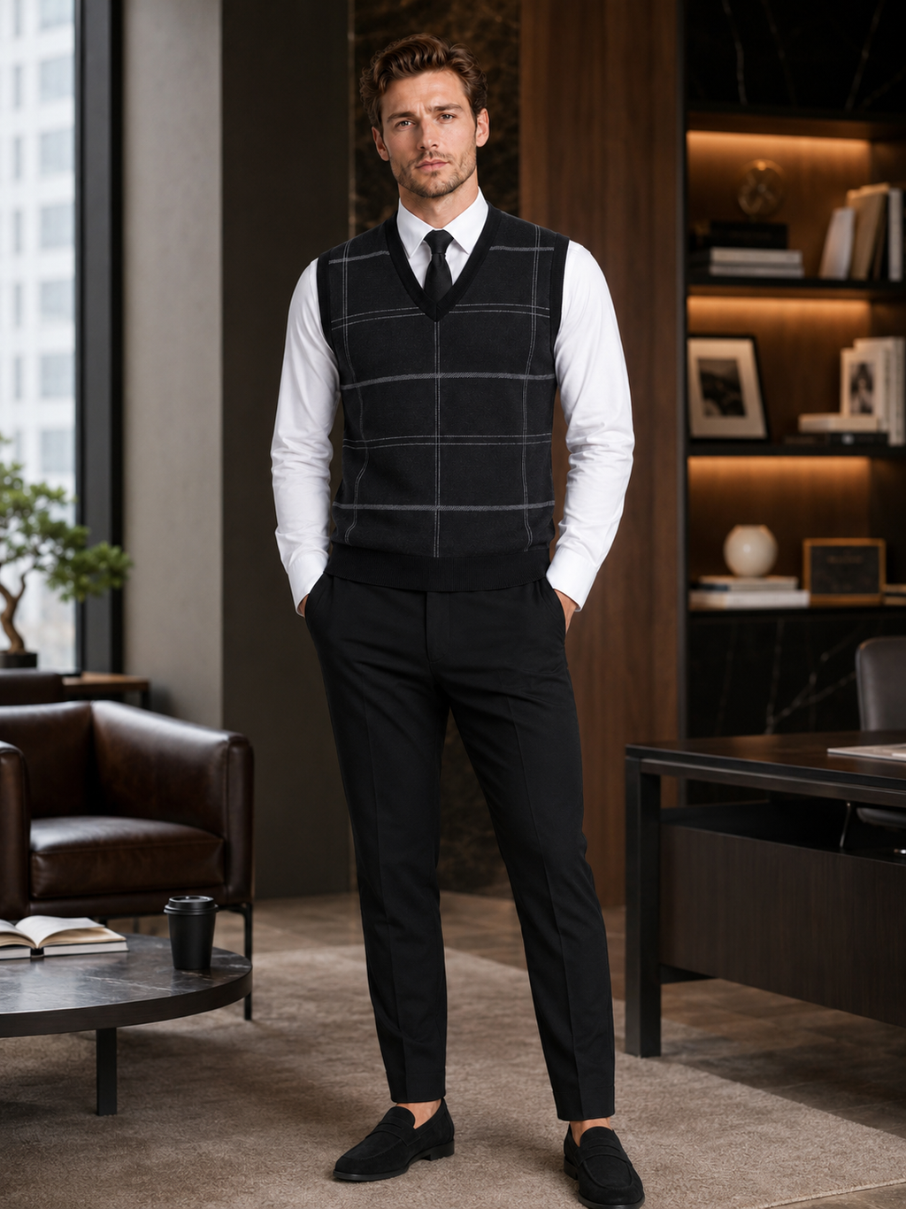 Man wearing a black diamond cable knit sweater vest over a dress shirt in a modern business casual fall winter outfit
