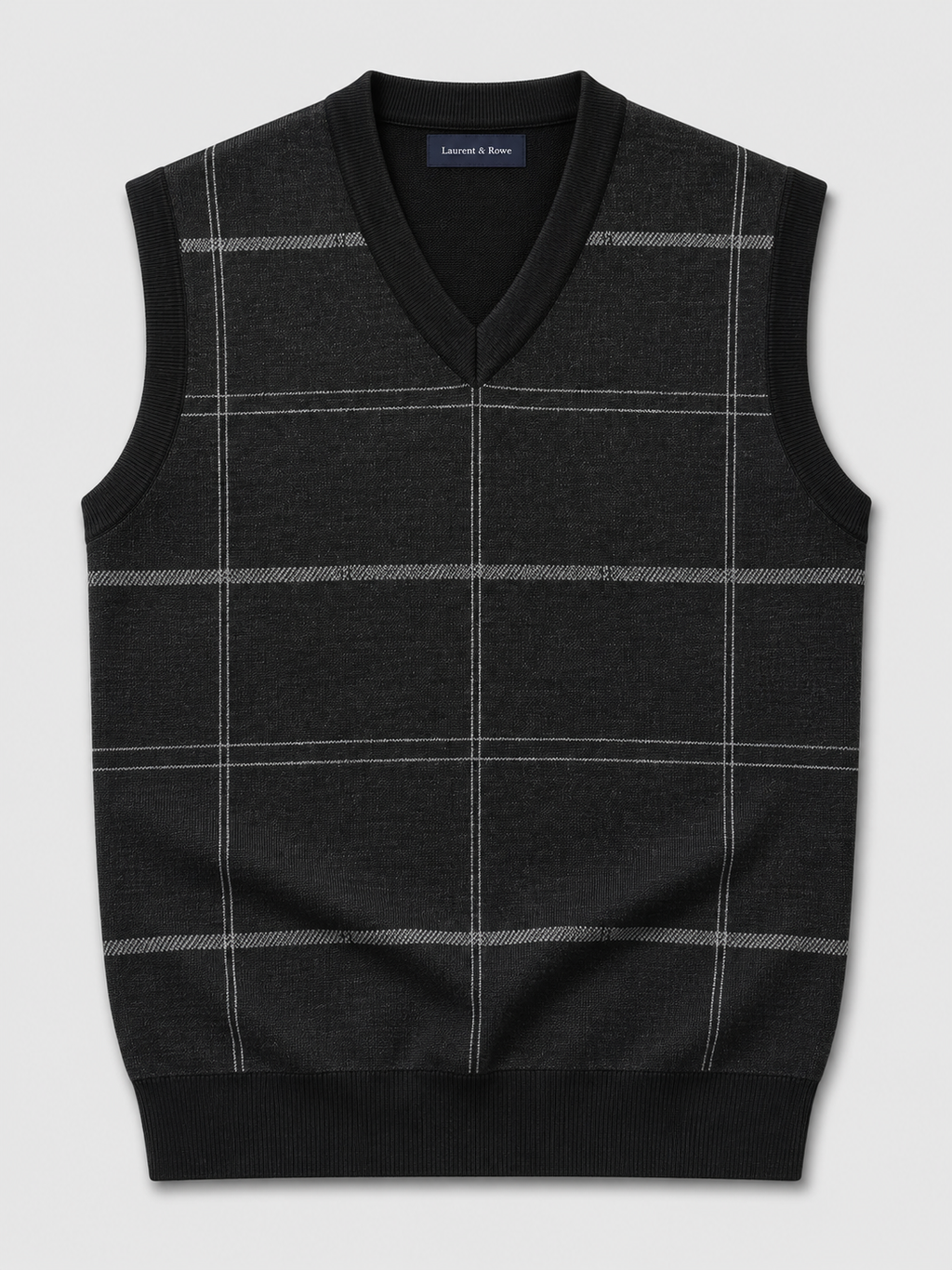 Black men’s V-neck sweater vest with a diamond cable knit design displayed on a plain background