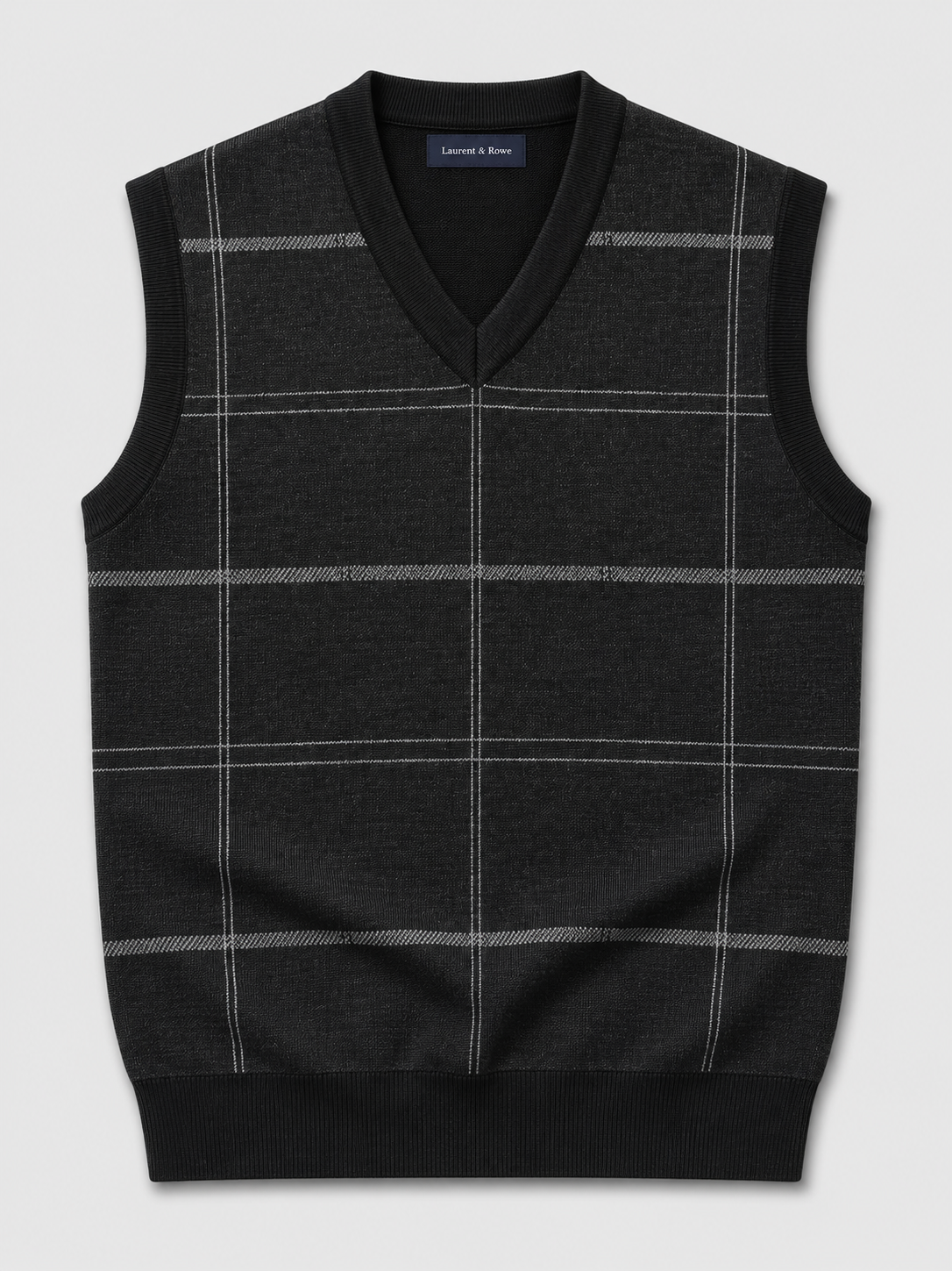 Black men’s V-neck sweater vest with a diamond cable knit design displayed on a plain background
