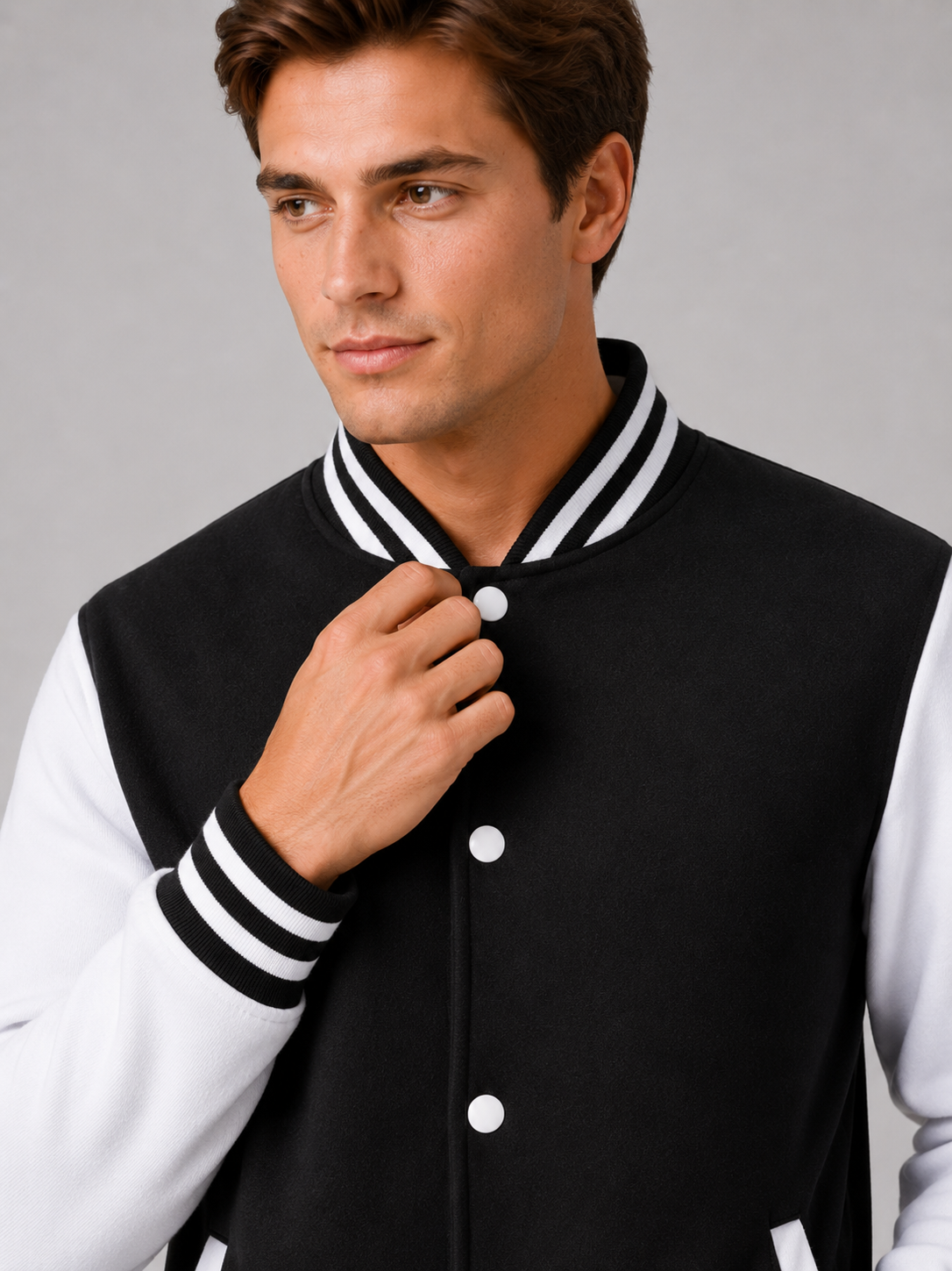 Close up of black varsity jacket showing soft fleece lining, color block design, and snap button detail