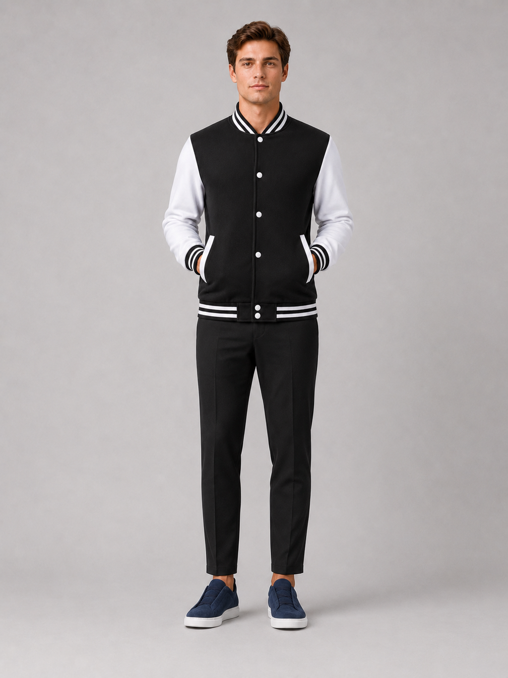 Black fleece lined varsity jacket for men warm baseball outerwear for casual everyday wear