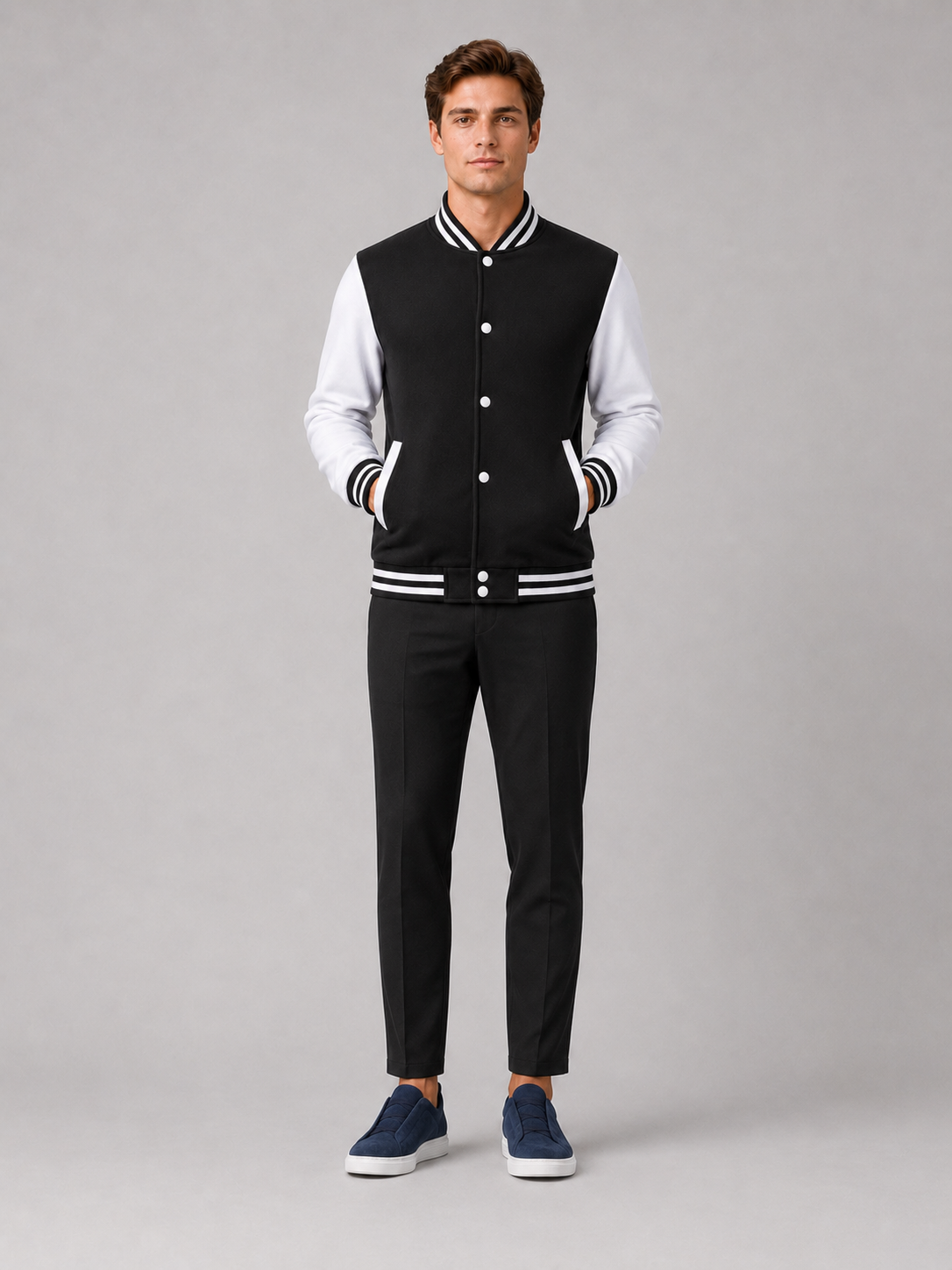 Black fleece lined varsity jacket for men warm baseball outerwear for casual everyday wear