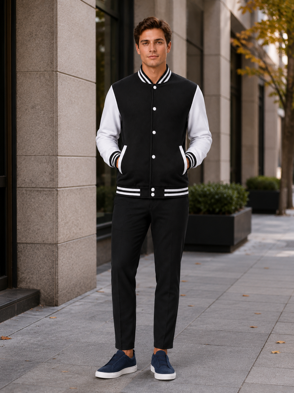 Man styling black varsity jacket in a modern casual and everyday winter lifestyle outfit