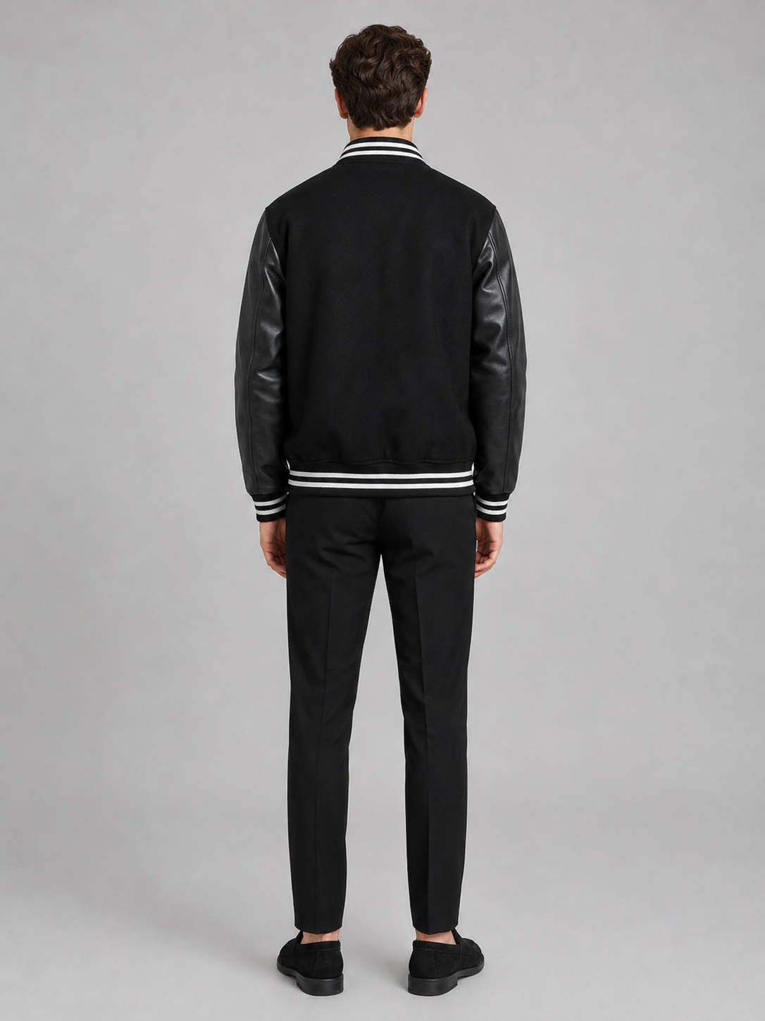 Men’s black wool blend varsity jacket with leather sleeves comfortable layer for everyday outfits