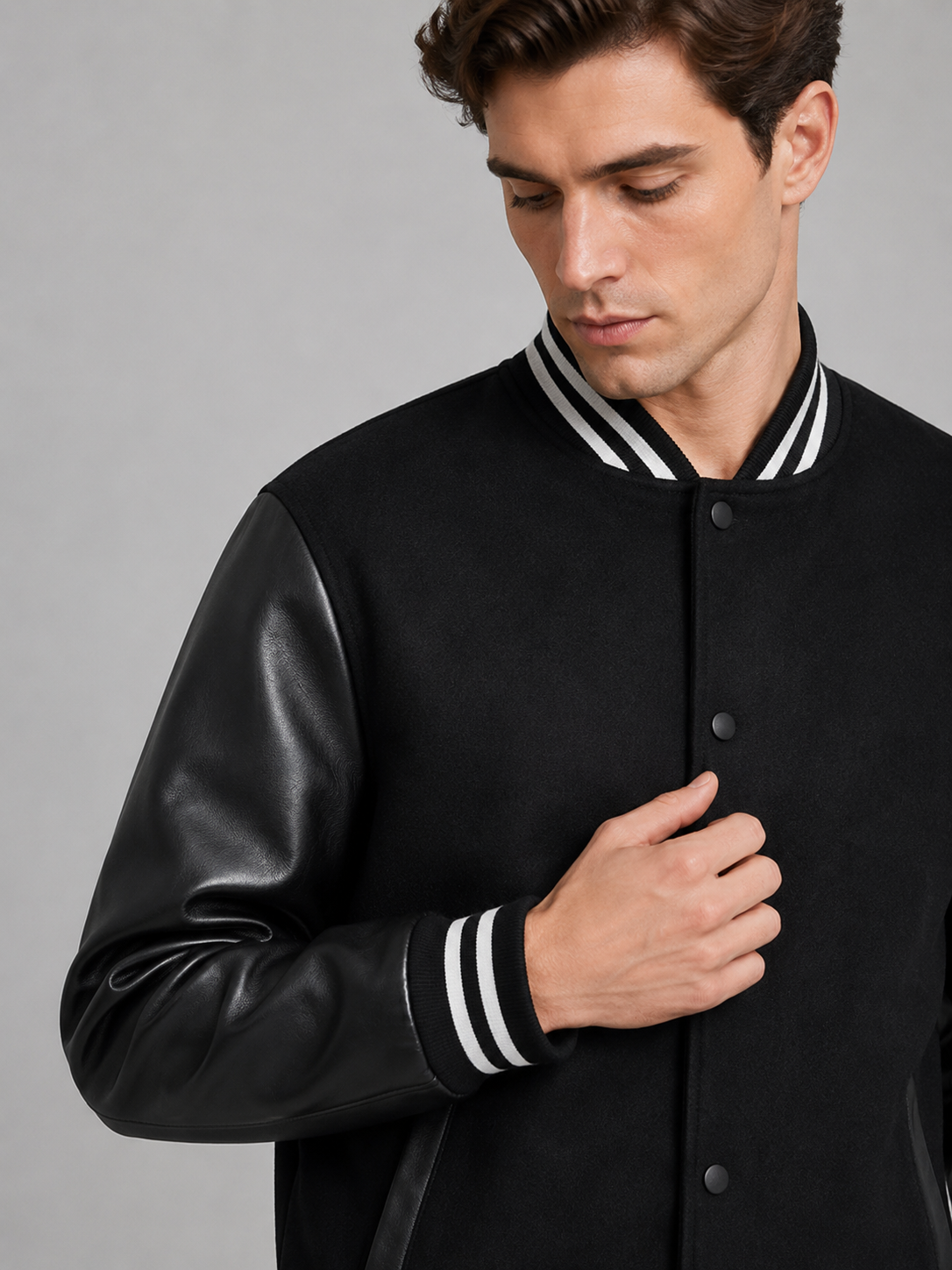 Close up of black varsity jacket showing smooth leather sleeves, wool blend fabric, and snap button detail