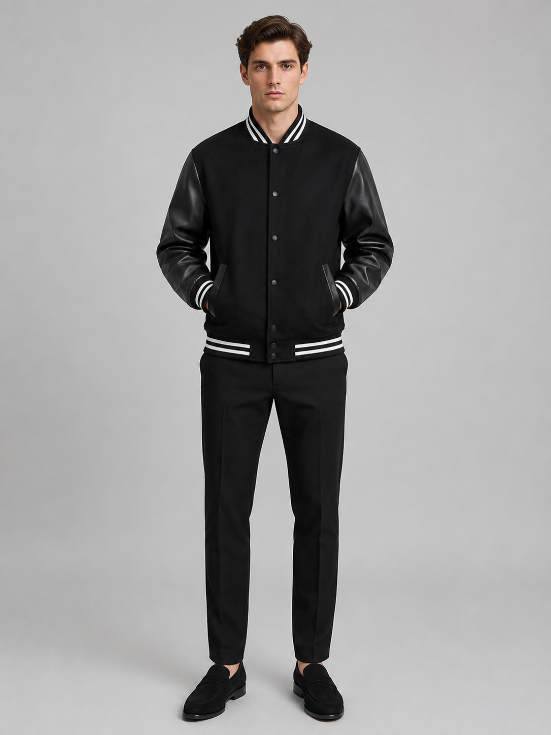 Black varsity bomber jacket for men warm fall winter outerwear for casual and streetwear wear