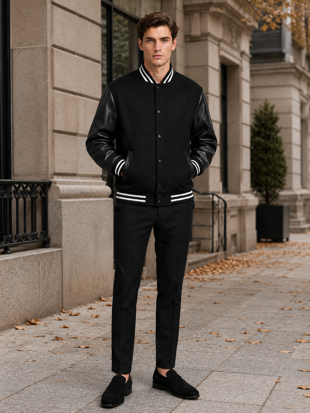 Man styling black varsity bomber jacket in a modern streetwear and everyday lifestyle outfit