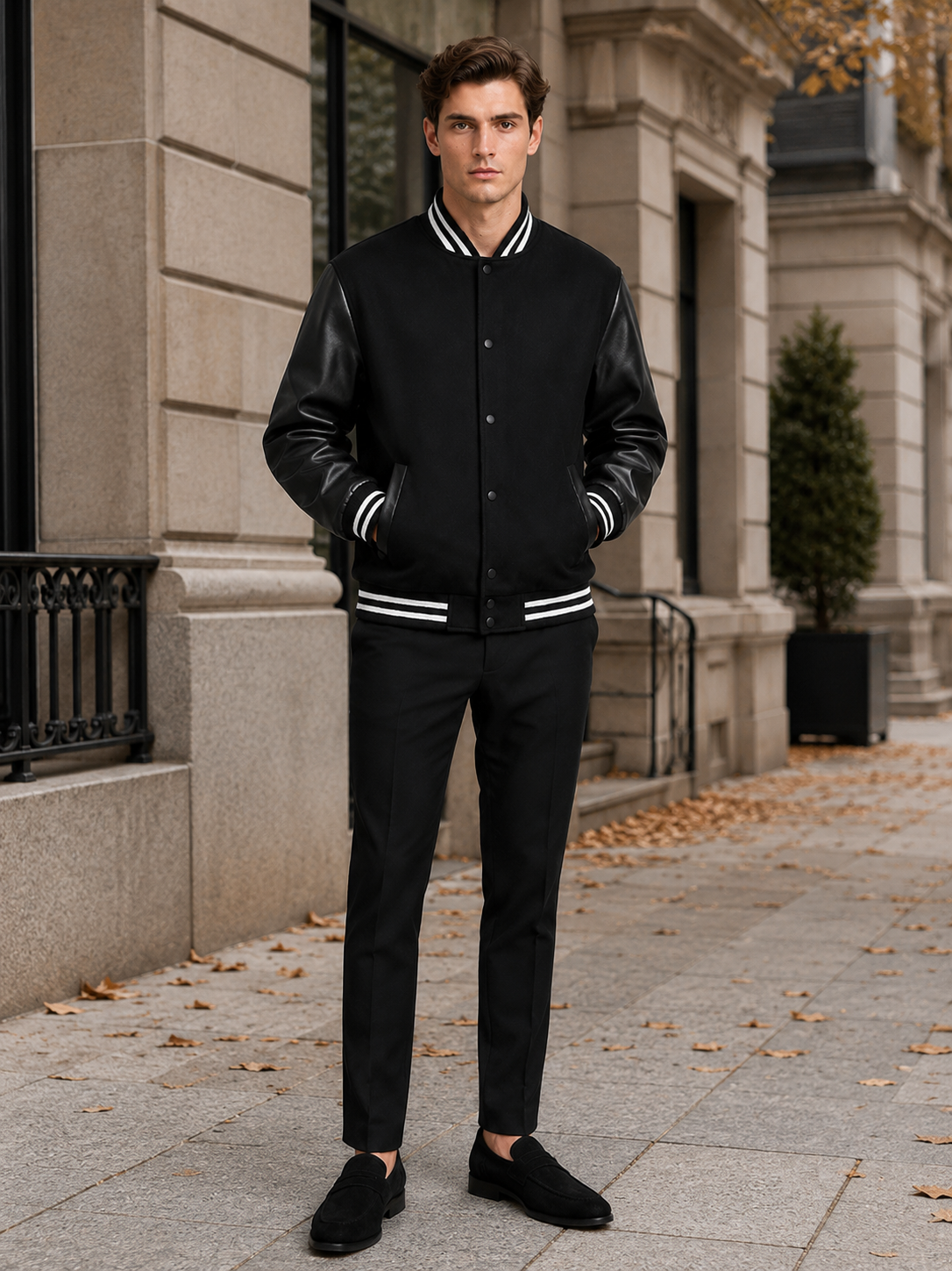Man styling black varsity bomber jacket in a modern streetwear and everyday lifestyle outfit