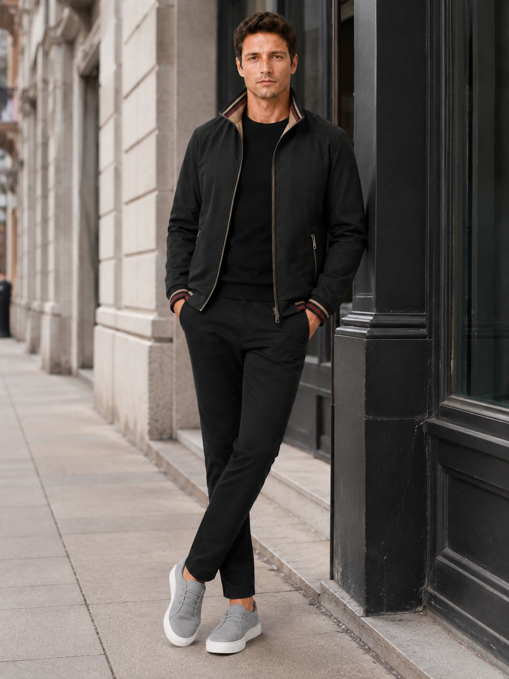 Man styling black varsity jacket in a modern streetwear and everyday lifestyle outfit