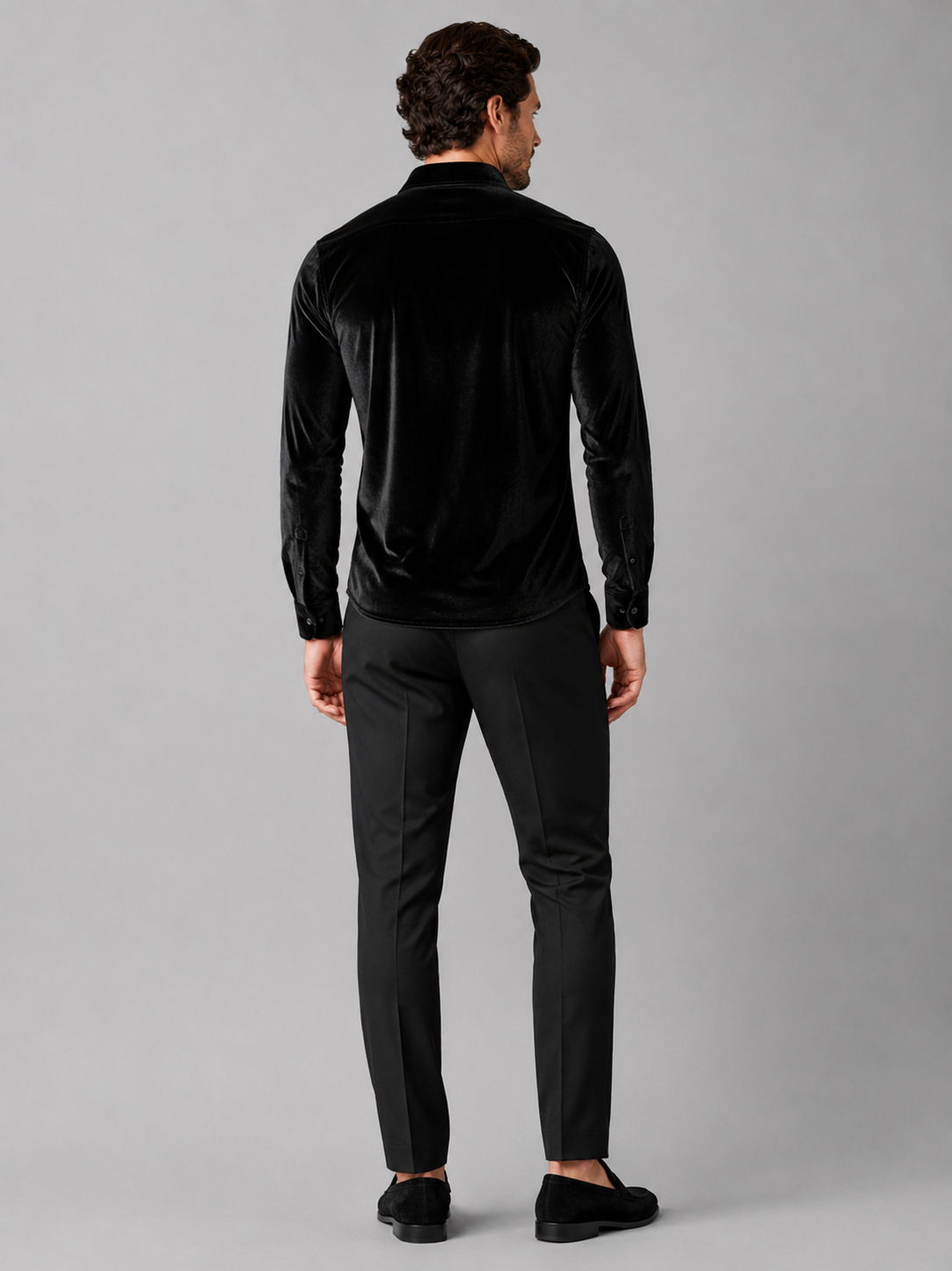 Men’s black velvet shirt comfortable fall winter top for parties, dinners, and evening outfits