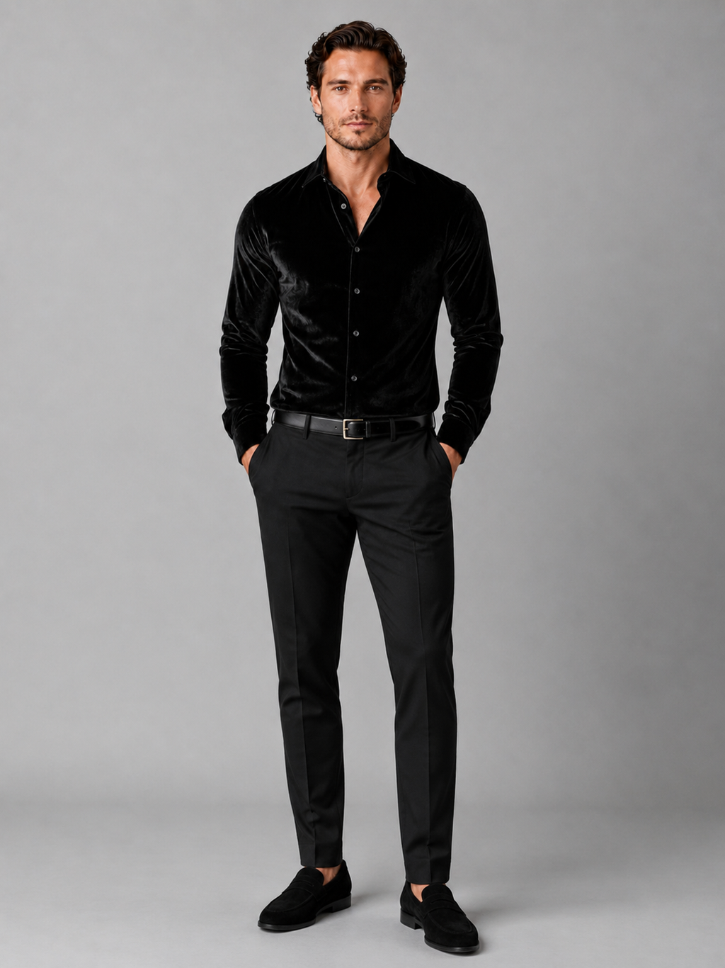Black velvet button up shirt for men long sleeve evening top for business casual wear