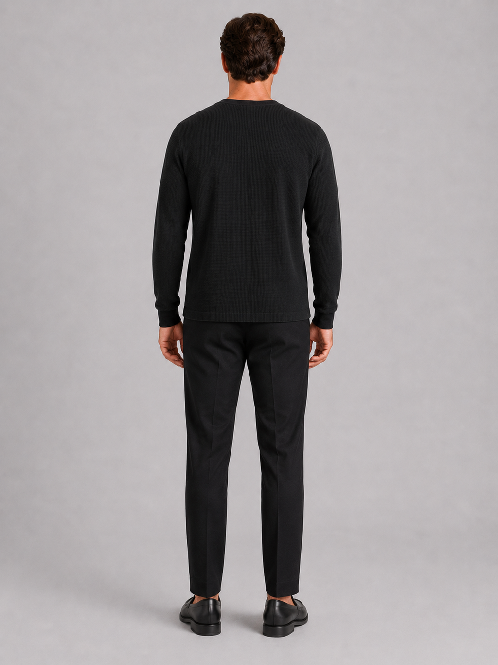 Men’s black waffle knit henley breathable casual shirt for everyday and layered outfits
