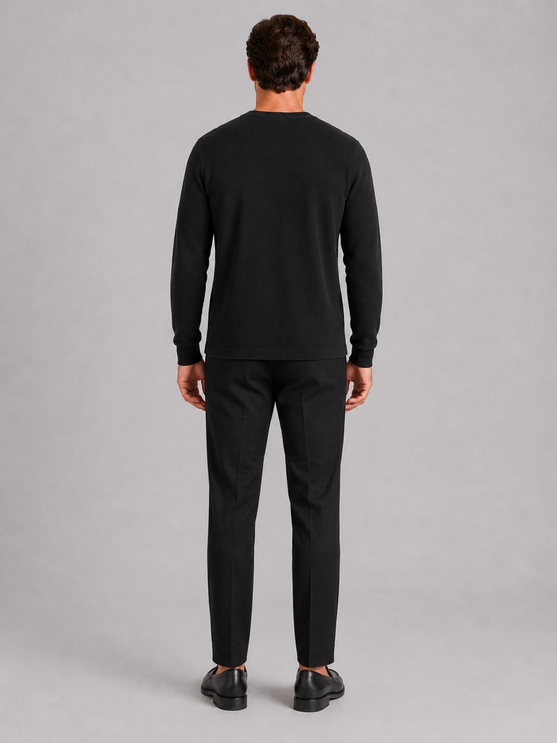 Men’s black waffle knit henley breathable casual shirt for everyday and layered outfits