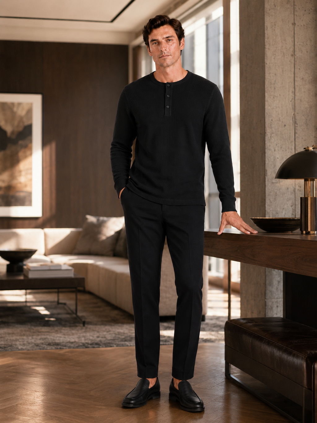 Man styling black waffle knit henley shirt in a modern weekend lifestyle outfit