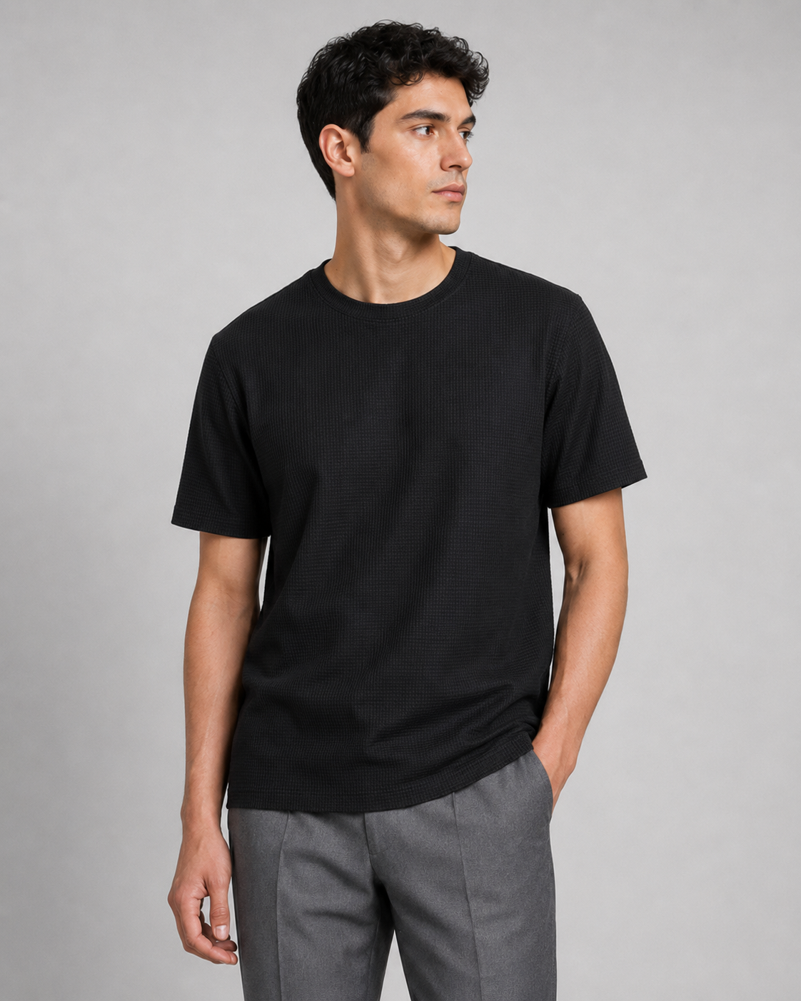 Men’s black crew neck waffle tee lightweight comfortable relaxed fit summer wear