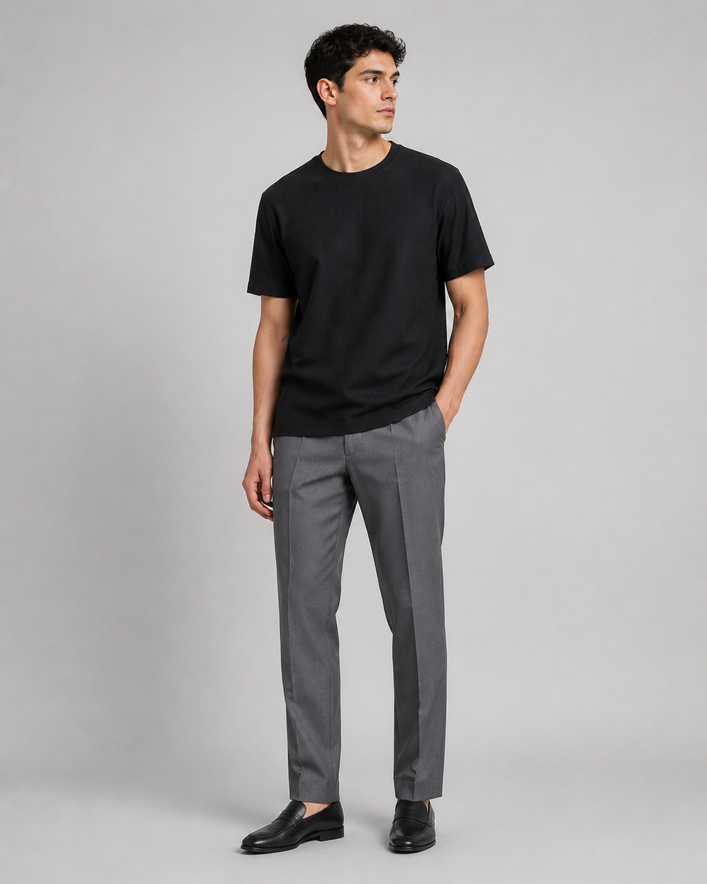 Black textured waffle knit t shirt minimal casual summer top with refined relaxed fit