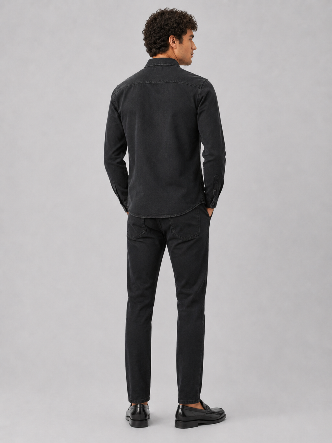 Men’s black washed cotton button up shirt relaxed casual everyday workwear style