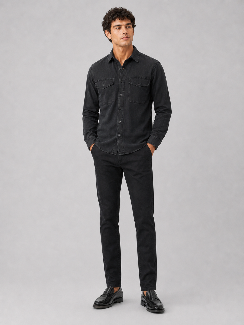 Black long sleeve work shirt for men cotton button up with double chest pockets