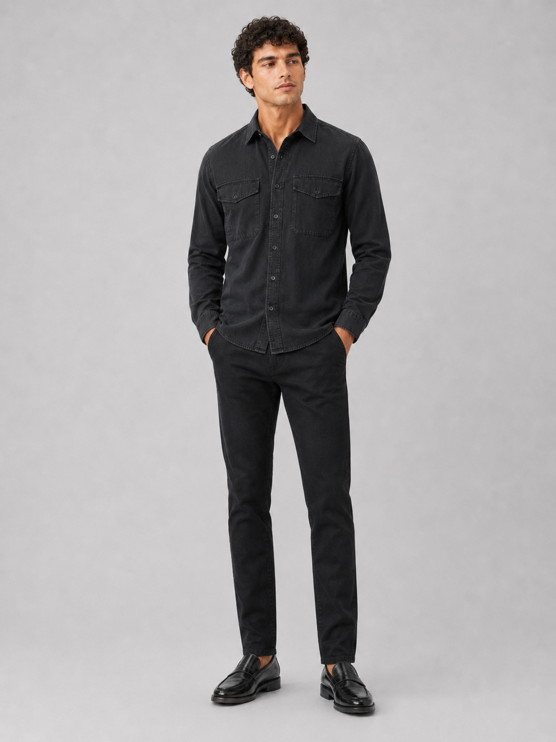 Black long sleeve work shirt for men cotton button up with double chest pockets