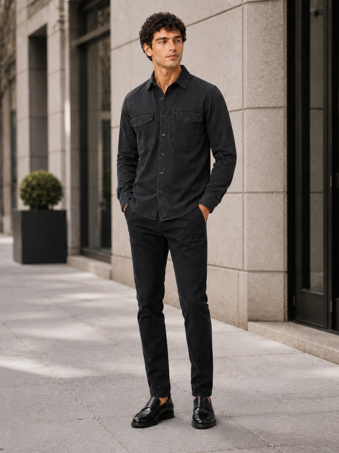 Man styling black double pocket work shirt in a modern casual workwear outfit