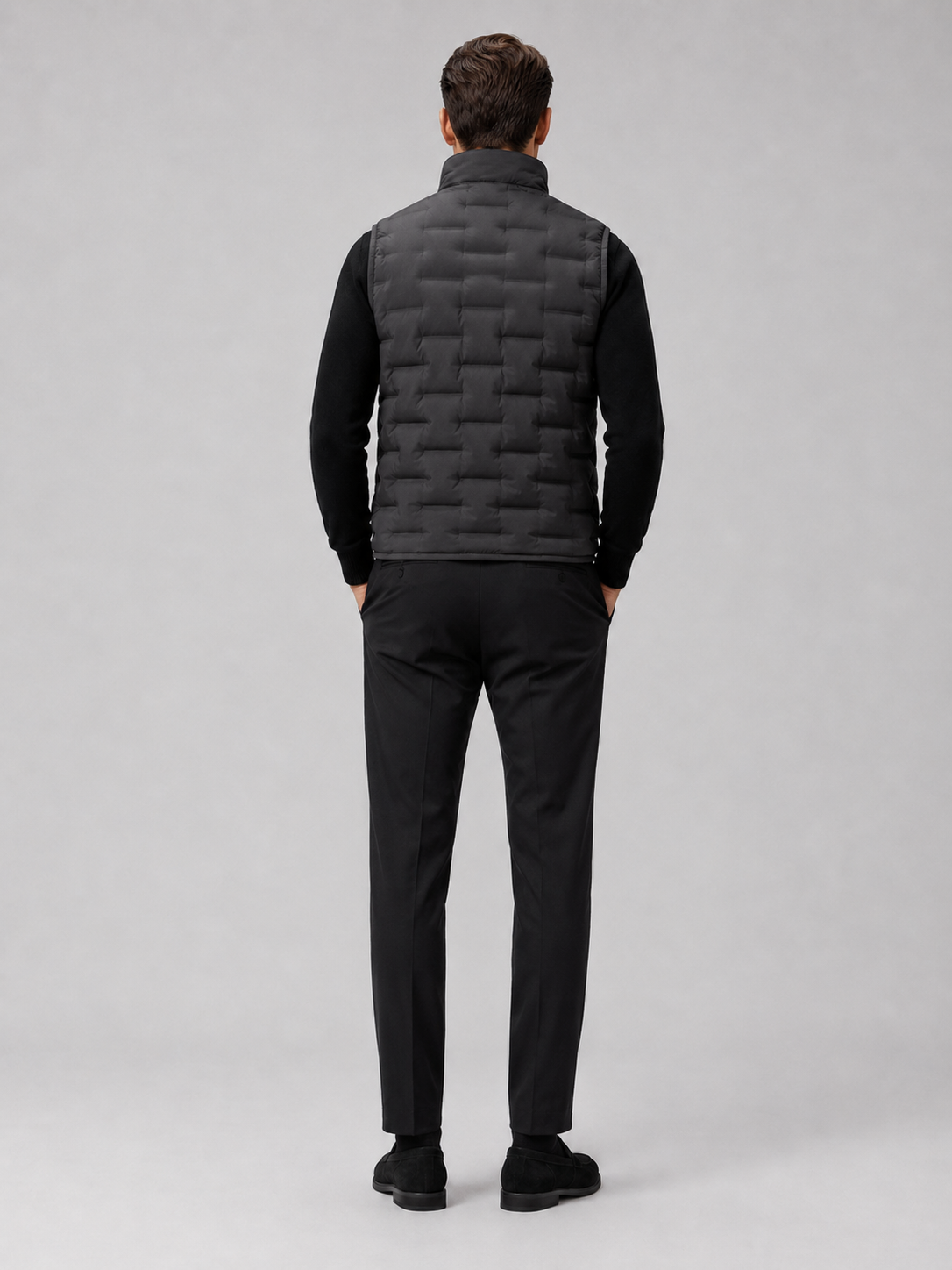 Men’s black insulated down vest comfortable sleeveless outerwear for fall winter casual outfits