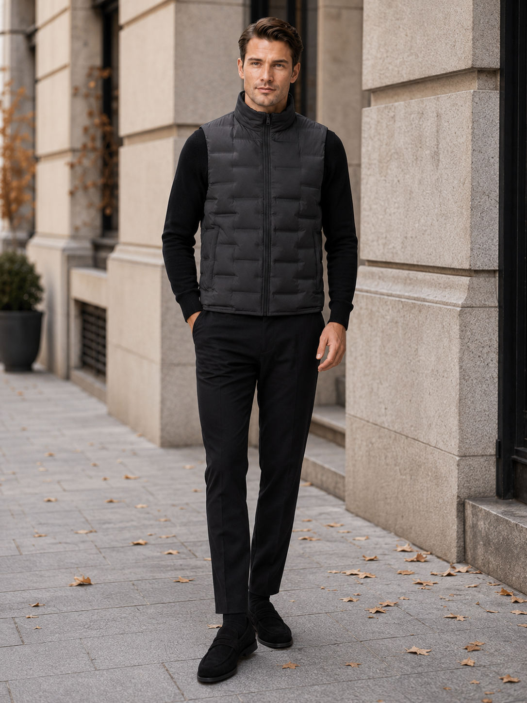 Man styling black white duck down vest in a modern outdoor and everyday winter lifestyle outfit
