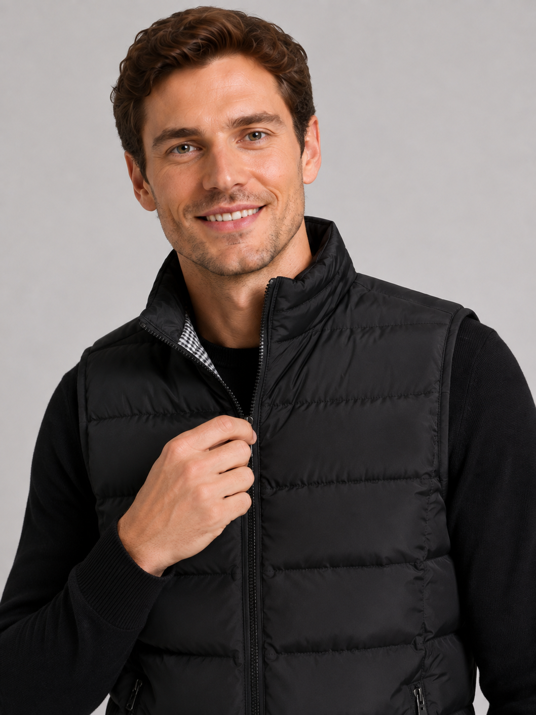 Close-up of a black windproof puffer vest showing the quilted insulation, zipper closure, stand collar, pockets, armholes, and stitching details
