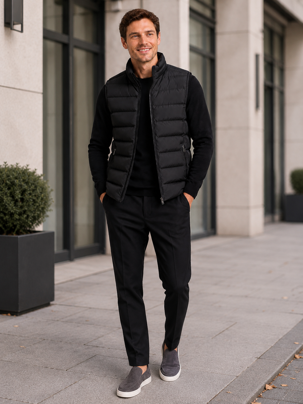 Man wearing a black windproof puffer vest in a casual fall winter outfit for outdoor and everyday wear